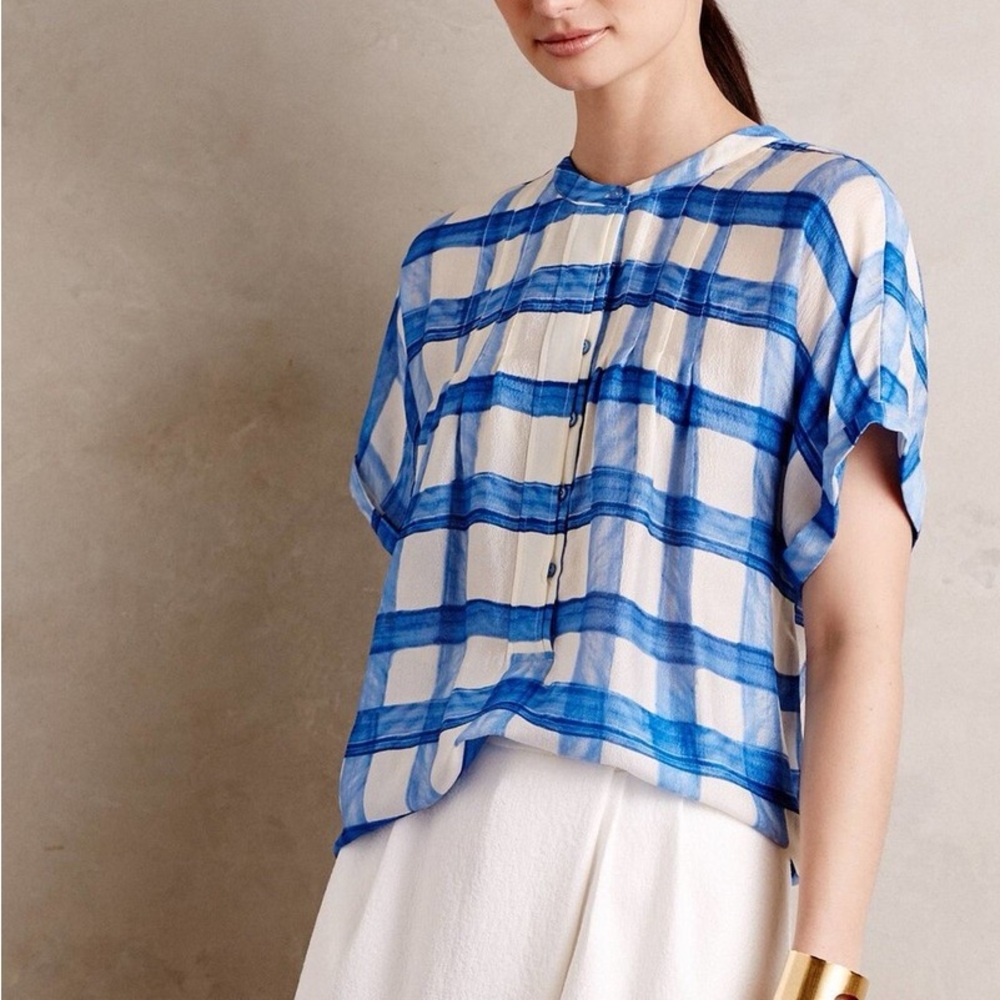 Maeve Blue and White Plaid Short-Sleeve Button Front Silk Sheer Blouse